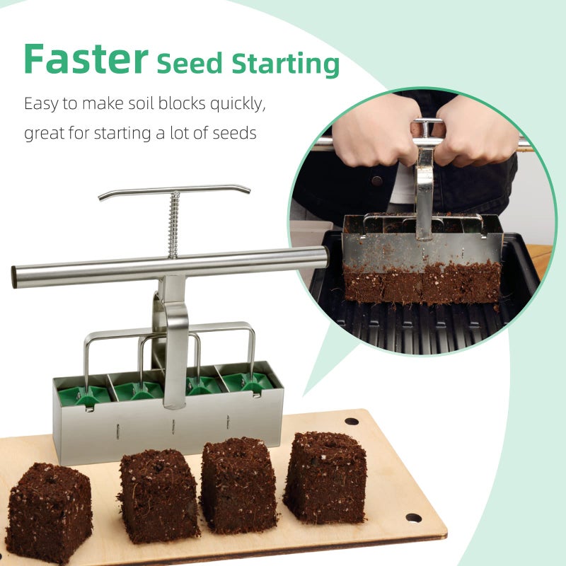 SOLIGT Soil Blocker with Comfortable Handle, 4 Cell Soil Block Maker 2 Inch Mold Blocking Tool for Seed Starting Germination, Grow Seedling No Transplant Shock - Image 5