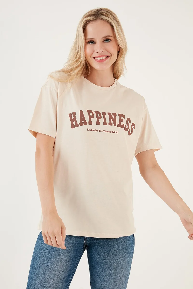 ليلا Printed Cotton Oversize Crew Neck T Shirt Women's T Shirt 541HAPPINESS