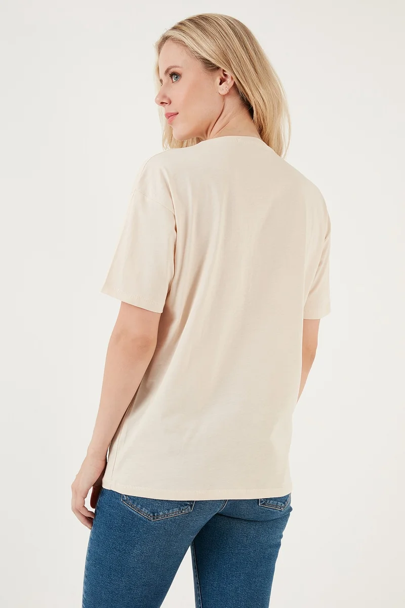 ليلا Printed Cotton Oversize Crew Neck T Shirt Women's T Shirt 541HAPPINESS