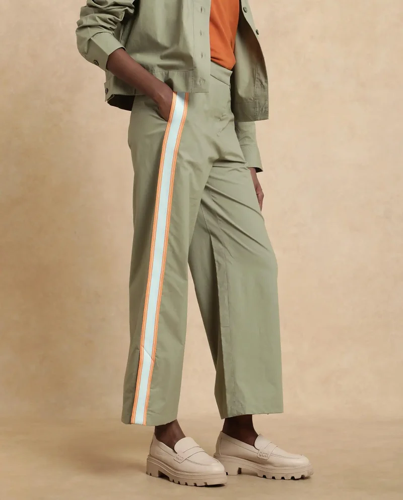 Rareism Women's Solid Wide Leg Track Pant With Tape Detail