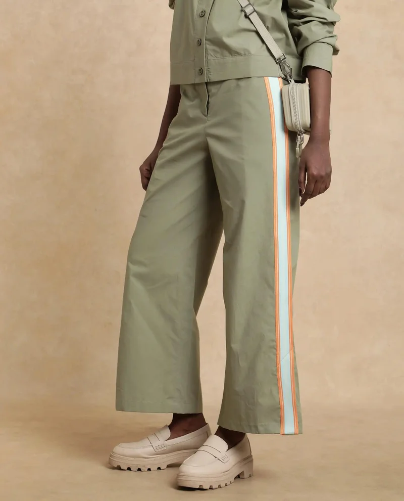 Rareism Women's Solid Wide Leg Track Pant With Tape Detail