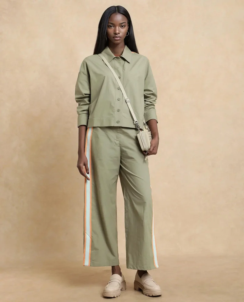 Rareism Women's Solid Wide Leg Track Pant With Tape Detail
