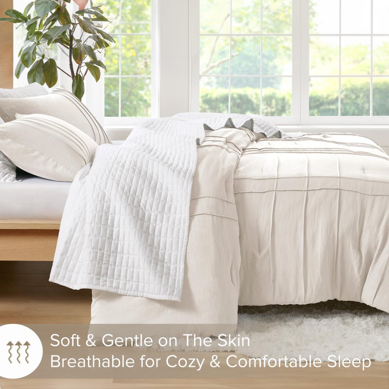 Comfort Spaces Cream Queen Size Comforter Set - 3 Pieces Pintuck Pleated Bedding Sets Queen, All Season Lightweight, Extra Softness Pre-Washed Microfiber Queen Bed Set, Shams, Full/Queen - Image 2