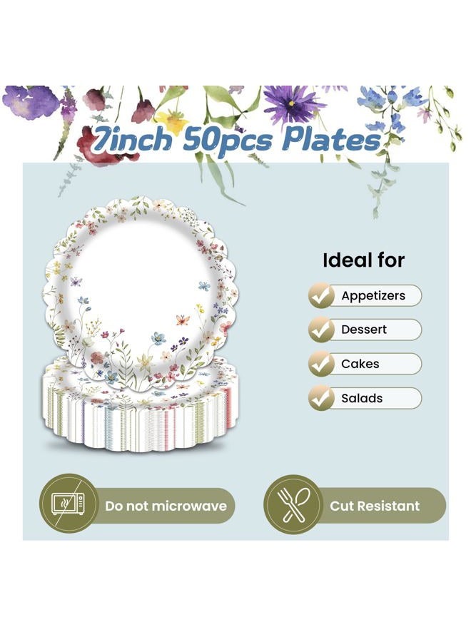 LDFDRT 7 Inch Party Paper Plates Disposable 50PCS Cake Dessert Plates for Birthday Picnic Wedding Baby Shower Tea Party Decorations (Wildflower) - Image 3