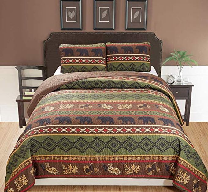RUSTIC WESTERN SOUTHWESTERN BROWN QUILT SET WITH NATIVE AMERICAN DESIGNS GRIZZLY BEARS AND PINECONE PRINTS KING CALIFORNIA KING BEDSPREAD 3 PIECE BEAR KING CALKING