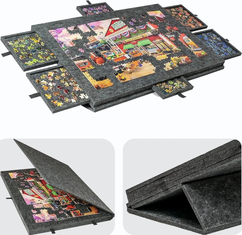 Y&D Foldable Jigsaw Puzzle Table 1000 Pieces - Lightweight Gray Portable Tilting Puzzle Board with 6 Drawers for Kids, Teens, and Board Games Storage - Image 1