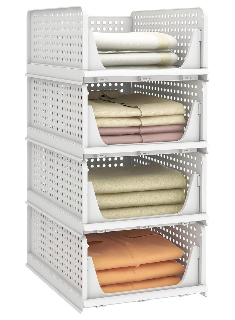 4 Pack Stackable Plastic Storage Basket, Foldable Closet Organizers and Storage Bins Drawer Shelf Storage Container for Wardrobe Kitchen Bathroom Office Dorm, Cupboard ﻿  - Image 1