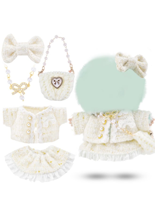17cm Doll Clothes for Labubu, White Outfit Set Includes Top, Skirt, Bow Hair Clip, Pearl Necklace & Knitted Handbag, Plush Doll Accessories (No Doll) - Image 1
