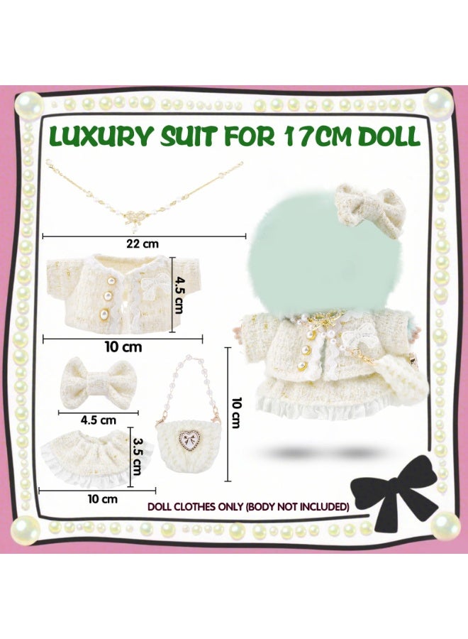 17cm Doll Clothes for Labubu, White Outfit Set Includes Top, Skirt, Bow Hair Clip, Pearl Necklace & Knitted Handbag, Plush Doll Accessories (No Doll) - Image 5