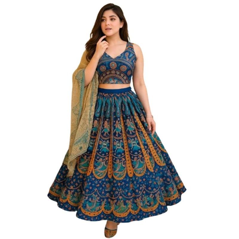 Ukal Traditional Lehenga Set, Mandala Print, Crop Top with Long Skirt (Navy Blue, XL) - Image 4
