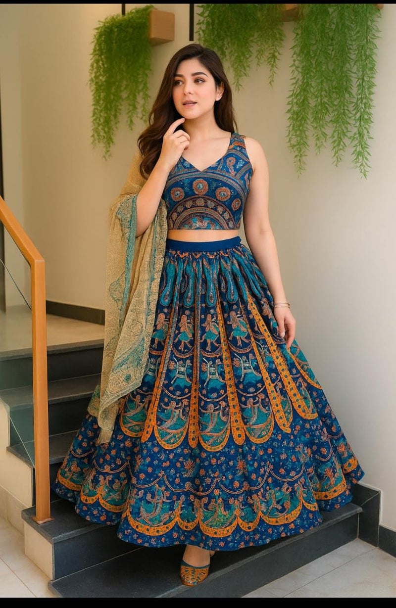 Ukal Traditional Lehenga Set, Mandala Print, Crop Top with Long Skirt (Navy Blue, XL) - Image 2