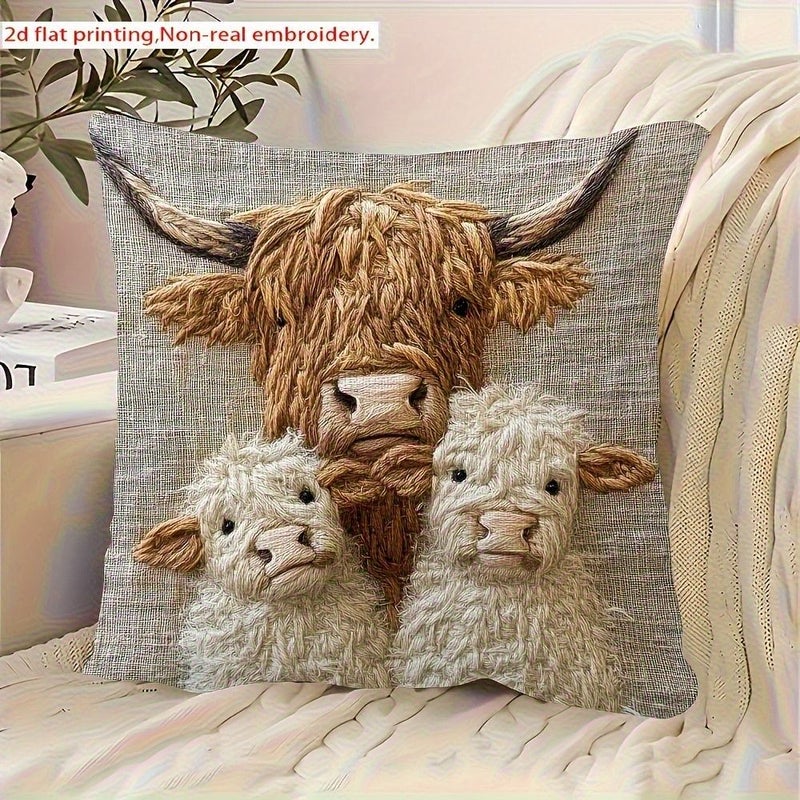 Highland Cow Family Design Decorative Pillow Cover Soft Polyester 18.0 X 18.0 Inches Zipper Closure Machine Washable Farmhouse Style Cow Decor - Image 5