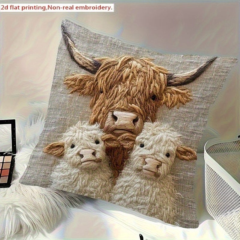 Highland Cow Family Design Decorative Pillow Cover Soft Polyester 18.0 X 18.0 Inches Zipper Closure Machine Washable Farmhouse Style Cow Decor - Image 2