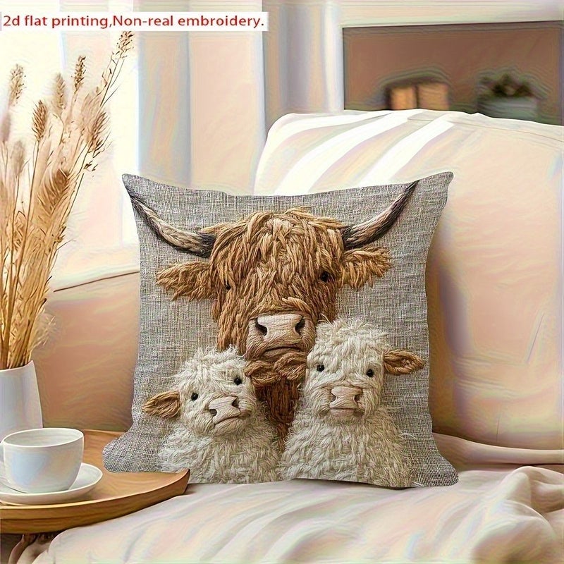 Highland Cow Family Design Decorative Pillow Cover Soft Polyester 18.0 X 18.0 Inches Zipper Closure Machine Washable Farmhouse Style Cow Decor - Image 1