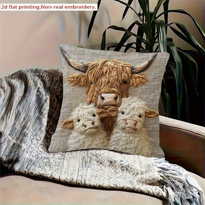 Highland Cow Family Design Decorative Pillow Cover Soft Polyester 18.0 X 18.0 Inches Zipper Closure Machine Washable Farmhouse Style Cow Decor - Image 4