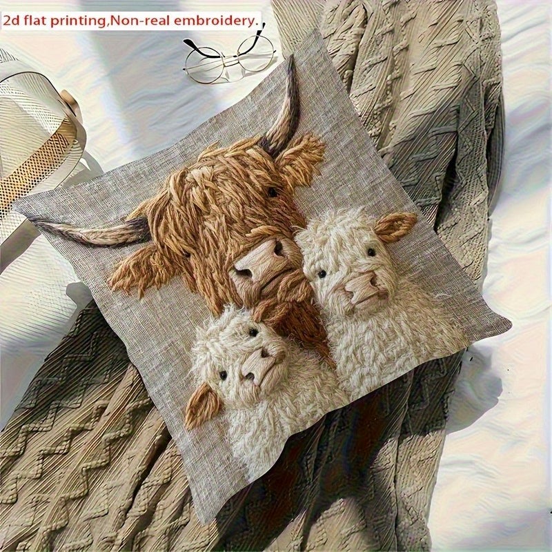 Highland Cow Family Design Decorative Pillow Cover Soft Polyester 18.0 X 18.0 Inches Zipper Closure Machine Washable Farmhouse Style Cow Decor - Image 3
