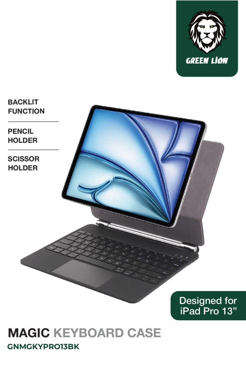 GREEN LION Magic Keyboard Case for iPad Pro 13” / Scissor Holder / Pencil Holder / Backlit Function / High Sensitivity Touchpad / 10m Operating Distance / Foldable and Portable / 360-Degree Rotation - Black - Image 1