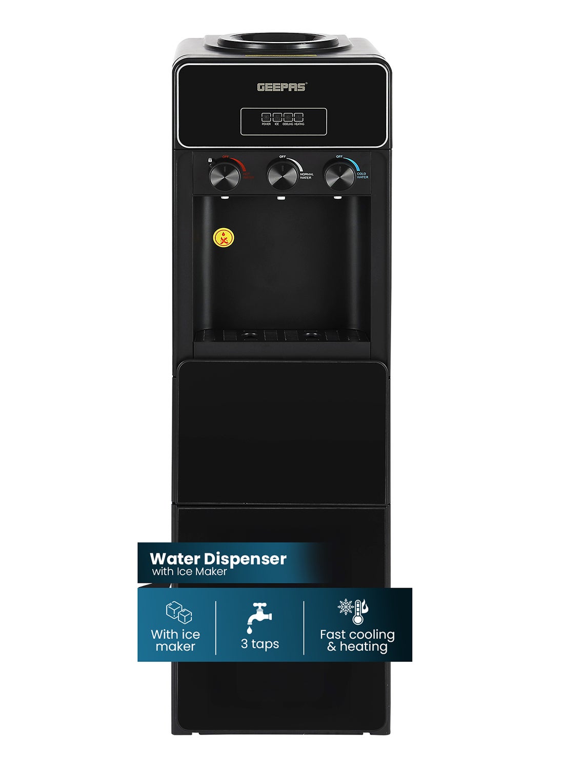 Water Dispenser with Ice Maker | 3 Taps Hot, Cold & Normal 630 W | 2-in-1 Function, 10kg Ice Capacity | Stainless Steel Tank, Child Lock | GIM17042 Black GIM17042 Black