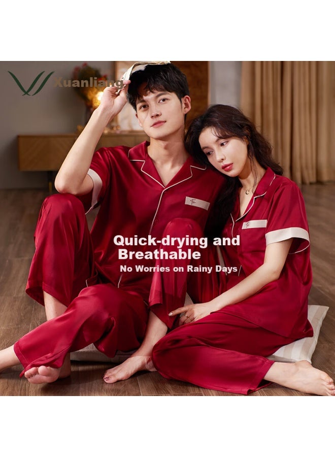 Xulen Couple's Pajamas For Men And Women, Summer Ice Silk Short-sleeve Long Pants Faux Silk Wedding Set, 62233 Jujube Red, 3XL - Image 2