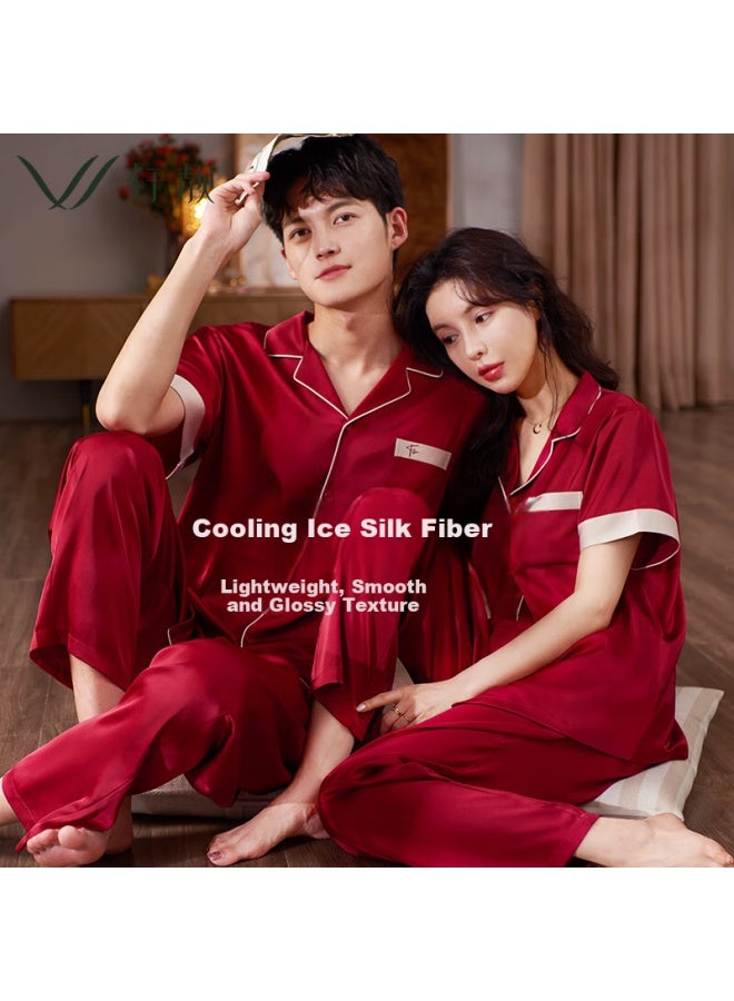 Xulen Couple's Pajamas For Men And Women, Summer Ice Silk Short-sleeve Long Pants Faux Silk Wedding Set, 62233 Jujube Red, 3XL - Image 1