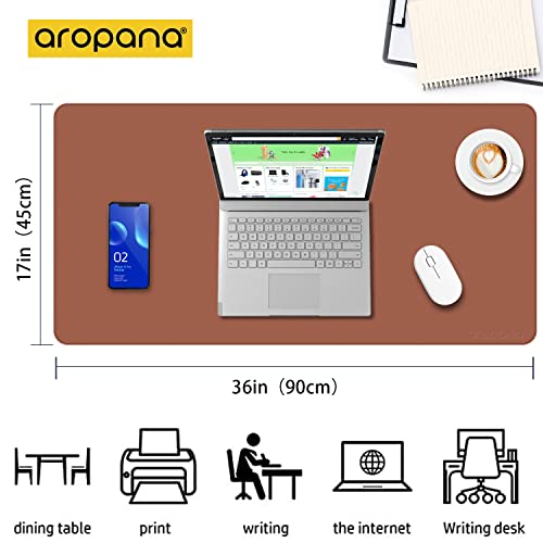 AROPANA Vegan Leather Desk Mat | Large Reversible Mouse Pad & Computer Table Protector | Dual-Side Waterproof Extended Laptop Pad with Edge-Stitched Design (90x45CM, Brown and Grey) - Image 2