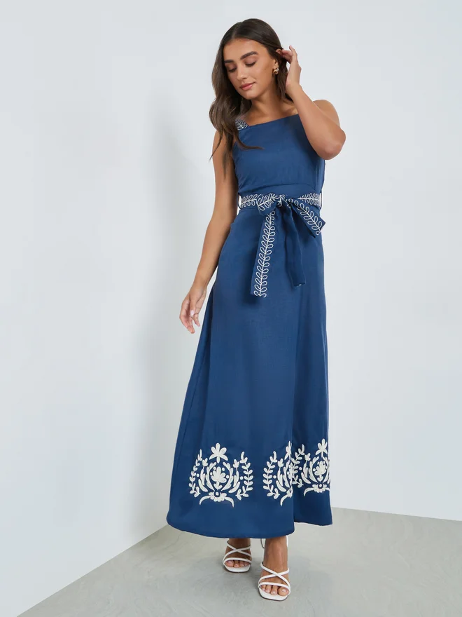 Styli  Styli Blue Embroidered A-Line Maxi Dress for Women | Best Price UAE