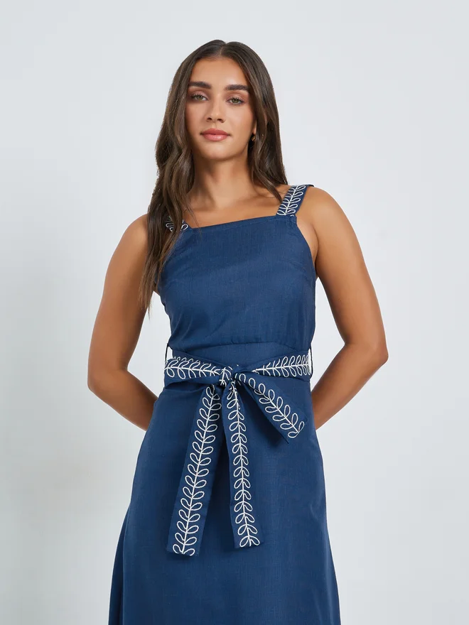 ستايلي Styli Blue Embroidered A-Line Maxi Dress
