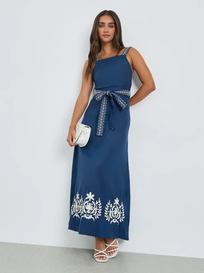 Styli Blue Embroidered A-Line Maxi Dress