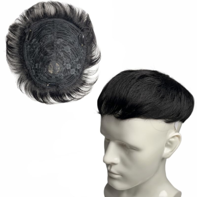 AYunhe Natural Human Hair Toupees for Men and Women Clip in Human Hair Pieces 18x20cm Lace Hair Topper Extensions for Mild Hair Loss Natural Black