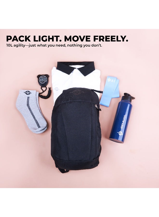 نيفيا حقيبة ظهر نيفيا بالس جونيور 2.0 للرجال والنساء، حقيبة ظهر رياضية مقاومة للماء، خفيفة الوزن، مصنوعة من البوليستر 600D المتين، مزودة بجيب رئيسي مزدوج السحاب وجيب أمامي آمن، سعة 10 لترات (أسود) - Image 4