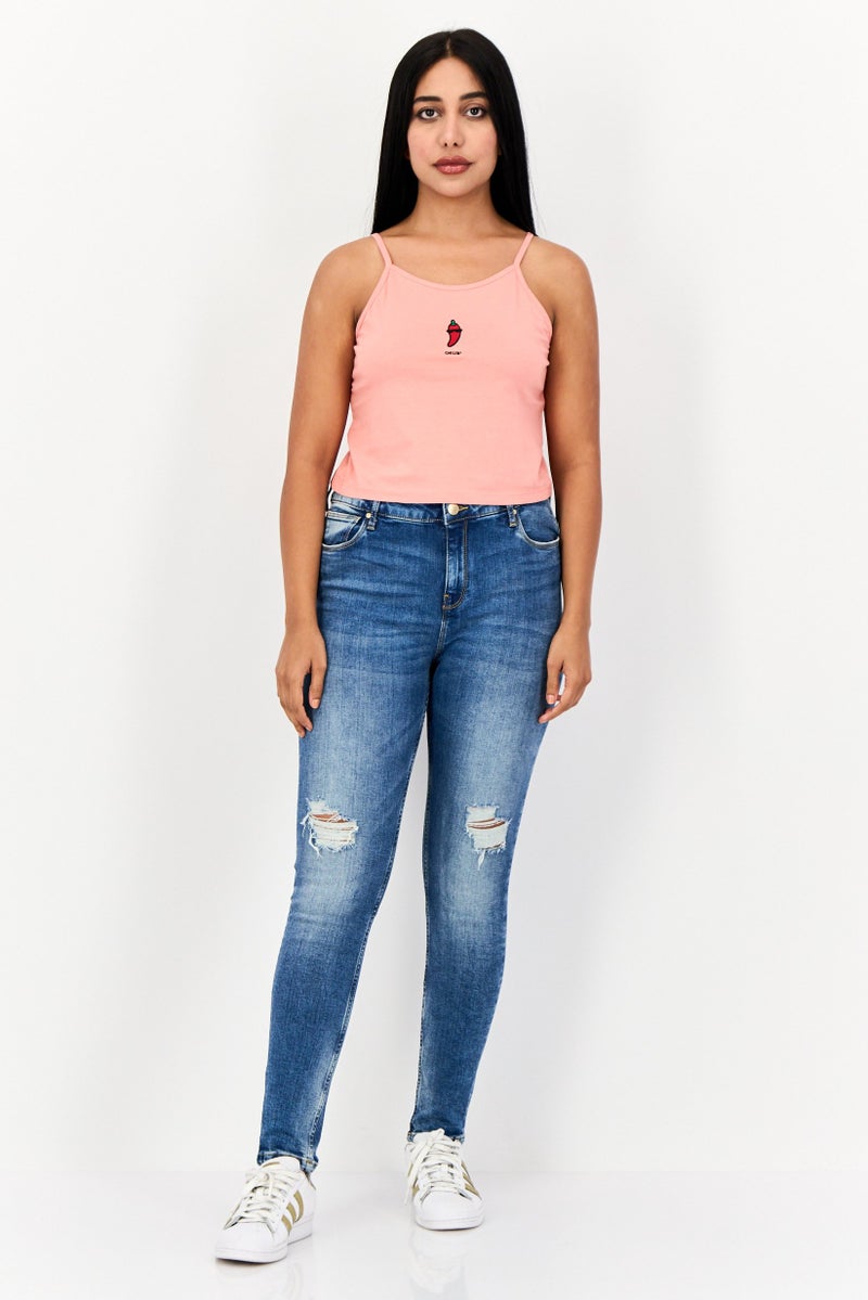 ONLY Women Round Neck Embroidered Tank Top, Peach - Image 3