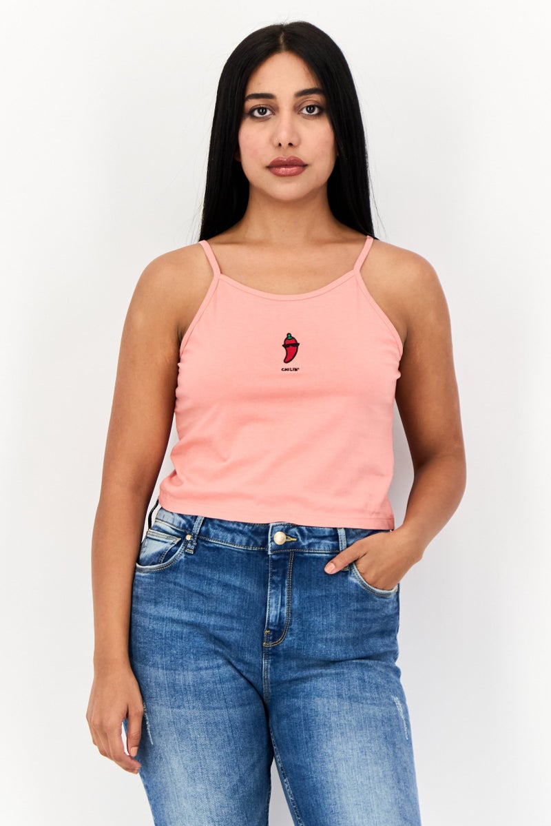 ONLY Women Round Neck Embroidered Tank Top, Peach - Image 1