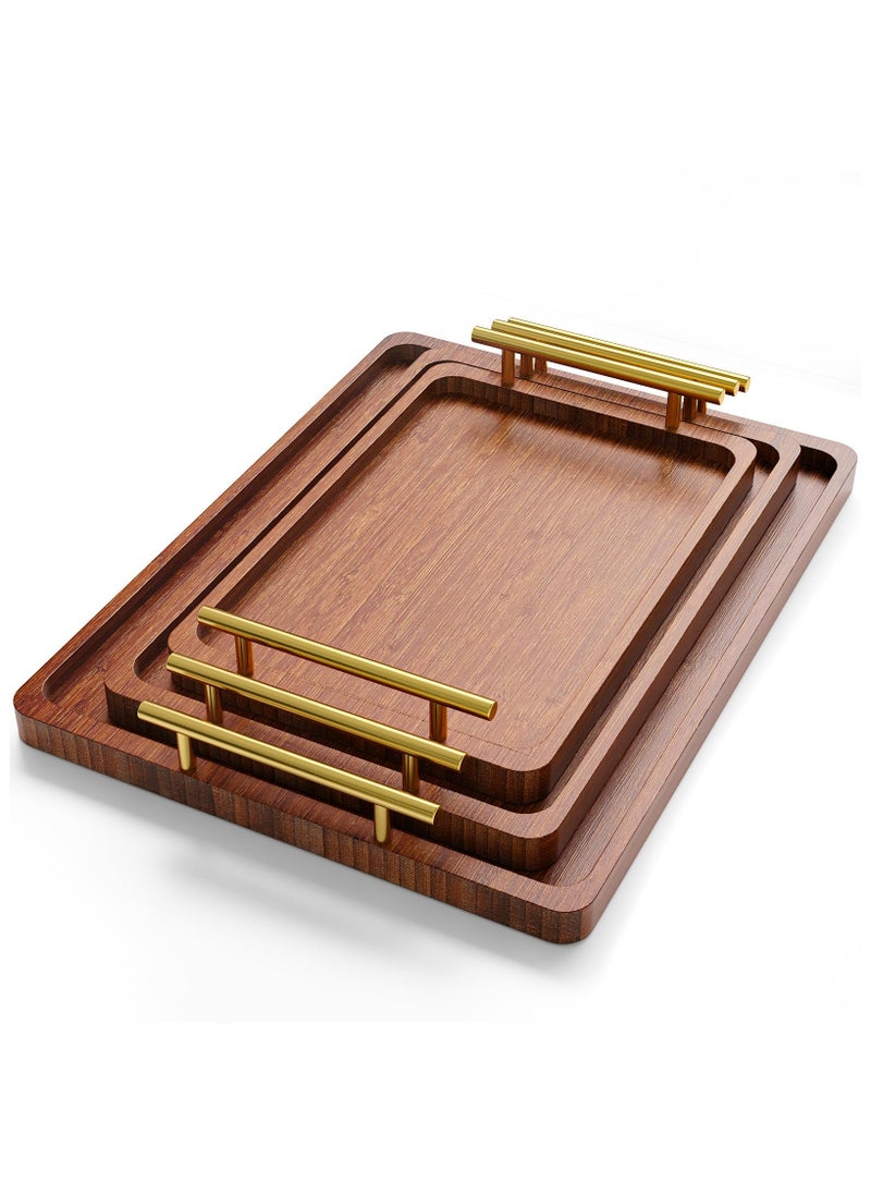 XiuWoo Set of 3 Bamboo Serving Tray with Metal Handles, Ottoman Decorative Trays Platter for Eating Breakfast,Working,Storing and Party Brown  - Image 2