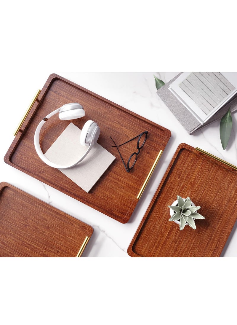 XiuWoo Set of 3 Bamboo Serving Tray with Metal Handles, Ottoman Decorative Trays Platter for Eating Breakfast,Working,Storing and Party Brown  - Image 4