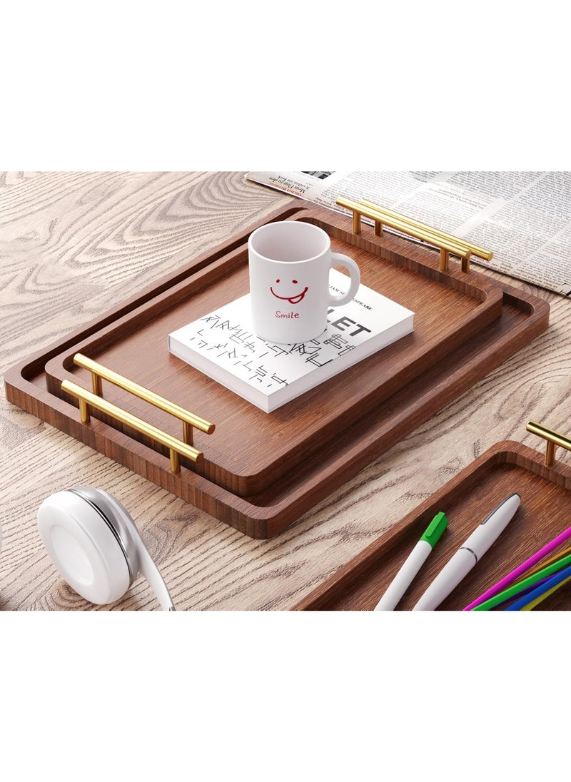 XiuWoo Set of 3 Bamboo Serving Tray with Metal Handles, Ottoman Decorative Trays Platter for Eating Breakfast,Working,Storing and Party Brown  - Image 5