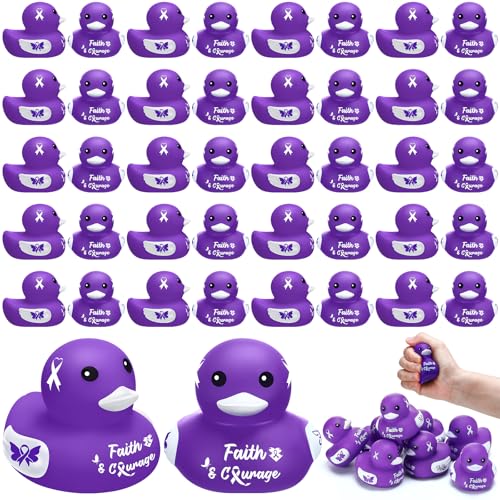 RoundFunny 60 Pcs Purple Ribbon Awareness Gifts Rubber Duck Bulk Domestic Violence Awareness Supplies with Purple Ribbon Gifts for Pancreatic Cancer Alzheimers Epilepsy Fundraiser and Toys - Image 1