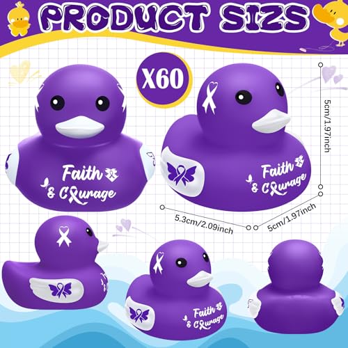 RoundFunny 60 Pcs Purple Ribbon Awareness Gifts Rubber Duck Bulk Domestic Violence Awareness Supplies with Purple Ribbon Gifts for Pancreatic Cancer Alzheimers Epilepsy Fundraiser and Toys - Image 5