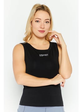 ESPRIT Women Round Neck Sleeveless Brand Logo Tank Top, Black  - Image 1