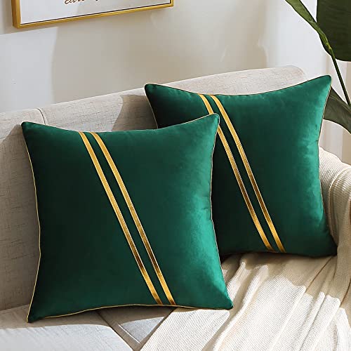 WACOMECO Pack of 2 Gold Throw Pillow Covers Soft Decorative Luxury Velvet Cushion Covers Pillow Cases with Gold Leather for Sofa Bedroom Livingroom Car 18 x 18 in Dark Green - Image 1