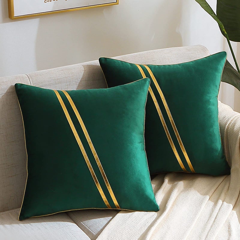 WACOMECO Pack of 2 Gold Throw Pillow Covers Soft Decorative Luxury Velvet Cushion Covers Pillow Cases with Gold Leather for Sofa Bedroom Livingroom Car 18 x 18 in Dark Green - Image 2