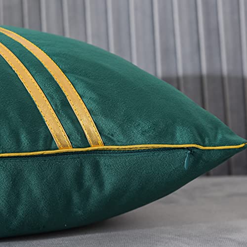 WACOMECO Pack of 2 Gold Throw Pillow Covers Soft Decorative Luxury Velvet Cushion Covers Pillow Cases with Gold Leather for Sofa Bedroom Livingroom Car 18 x 18 in Dark Green - Image 3