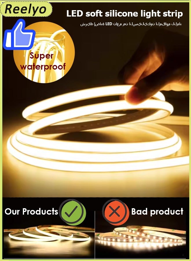 Reelyo COB LED Strip Lights WaterProof Warm White Light Led TV Backlight 12V 9W WaterProof LED Strip Lights, 5M LED Strip Kit, Super Bright LED Tape Lights USB Powered Flexible Under Cabinet Light for Bedroom,Kitchen,Home Vanity Mirror Lighting Decor Bedroom Cabinet Boat Decor And Party Dance Floor Bar Disco Atmosphere - Image 1