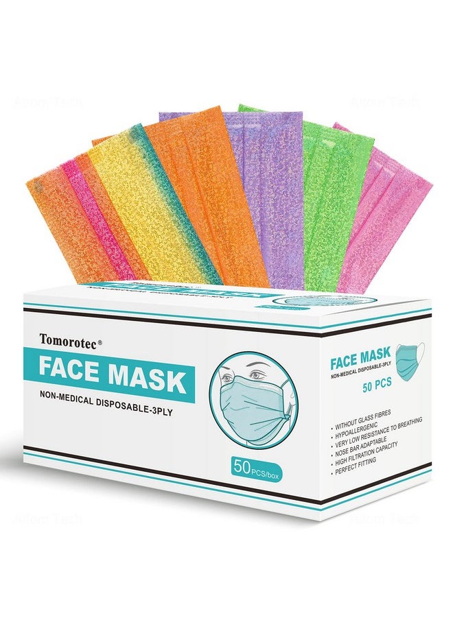 NiHealth NiHealth 50PCS Stylish Disposable Face Masks for Adults - Breathable 3-Layer Non-Woven Fabric Coverings with Glamorous Glitter Sparkle Design (5 Iridescent Colors)  - Image 2