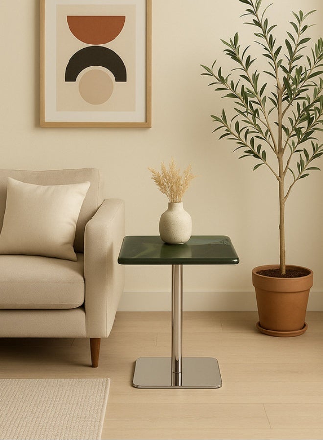 YI ONE Corner Table – Square Green Marble Top with Stainless Steel Legs, 400×400×380 mm Luxury Side Table for Sofa & Bed - Image 1