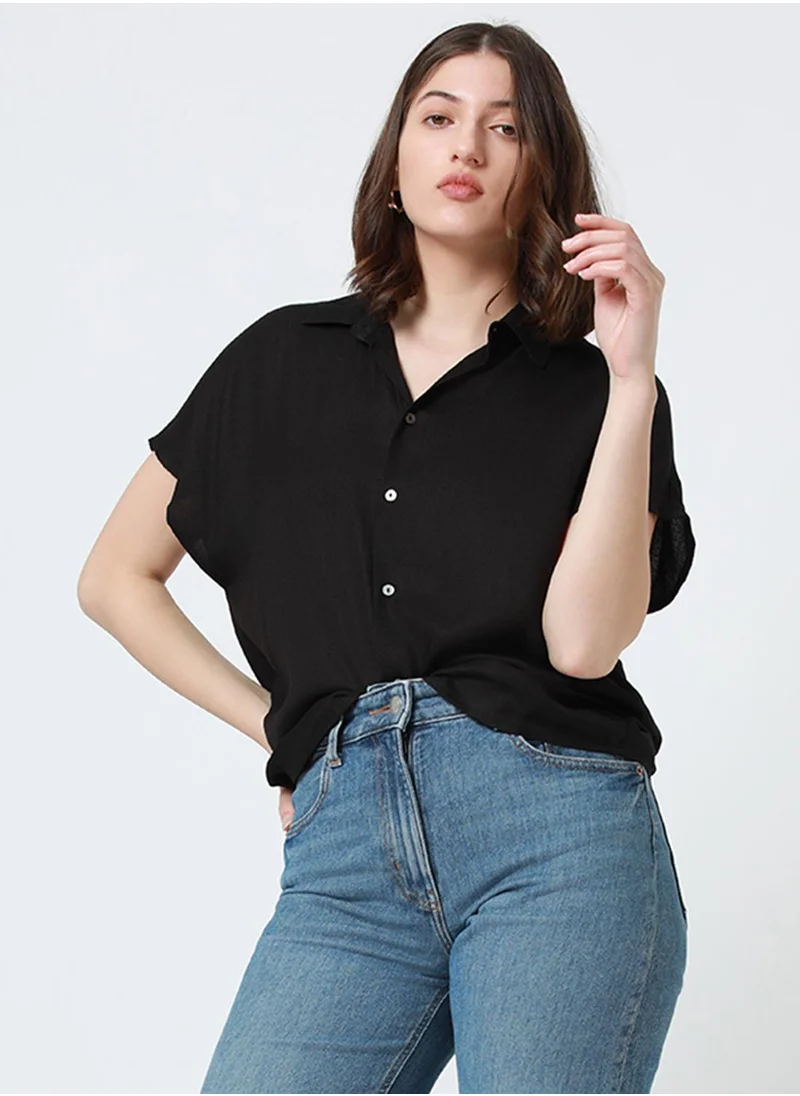 دينيس لينغو Black Relaxed Fit Shirt for Women - Viscose Moss, Solid, Half Sleeves, Casual,