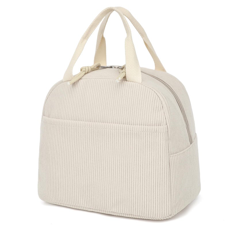 Dezcrab Corduroy Lunch Box for Women Girls Cooler Lunch Bags Reusable Insulated Lunchbox for Picnic School Work Travel Beige