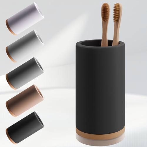 Matani Bamboo Toothbrush Holder Diatomite Tooth Brush Organizer - Storage Stand for Small Bathroom & Counter - Removable Base & Drain Holes, Water-Absorbent & Quick-Drying (Black) - Image 1