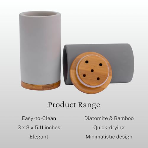 Matani Bamboo Toothbrush Holder Diatomite Tooth Brush Organizer - Storage Stand for Small Bathroom & Counter - Removable Base & Drain Holes, Water-Absorbent & Quick-Drying (Black) - Image 4