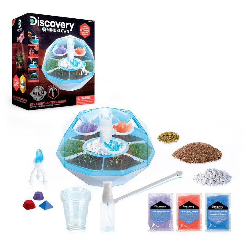 Discoveryâ„¢ DIY Light-Up LED Terrarium - Plants & Crystals Geodome Grow Kit, 3 Colorful Crystal Formations, Rye Grass, Education STEM Activity Set, Indoor Science Experiment, Chemistry Gift - Image 1