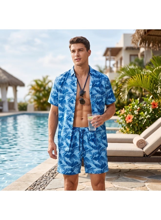 IceZone Men's 2 Piece Matching Set, Blue Shark Print Shirt and Shorts - Image 1